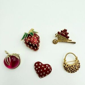 Vintage Five Red Gold Tone Enamel Strawberry Jelly Cherry Heart Brooches Lot